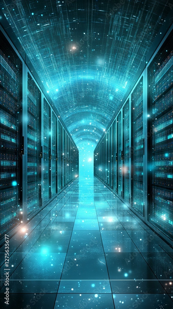 Poster futuristic server room corridor with data streams