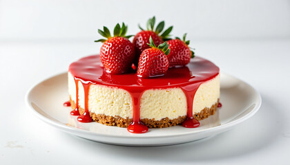 a strawberry cheesecake on a white plate