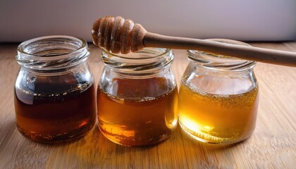 Close up of natural sweeteners in small glass jars with wooden spoon on wooden surface