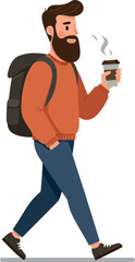 A man with a beard wearing a sweater and jeans walks confidently while holding a coffee cup in a flat vector illustration