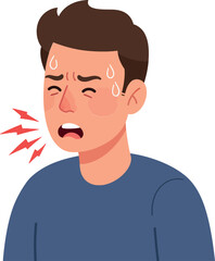 A distressed young man with sweat beads on his forehead expressing discomfort in a flat vector illustration style showcasing emotional struggle and tension in a simplistic design vector art
