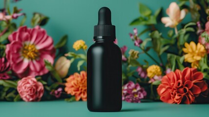 Artistic dropper bottle surrounded by colorful flowers studio setting product photography vibrant background
