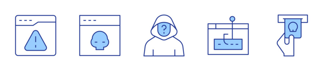 credit card, cyber attack, hacker, phishing, warning. Hacker Icon vector illustration. Line Duotone style. Editable stroke