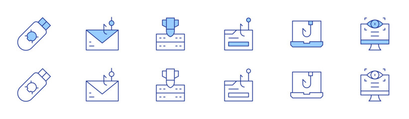 Hacker icon set in two styles, Duotone and Thin Line style. Editable stroke. pendrive, phishing, server, spyware