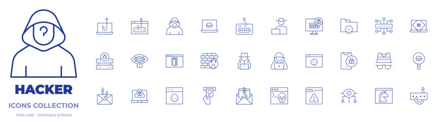 Hacker icons collection. Thin Line icons, editable stroke. backdoor, computer, credit card, cyber attack, firewall, hacker, infected, key, phishing, server