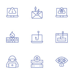 Hacker icons set. Thin Line style, editable stroke. computer, firewall, hacker, phishing, server, spyware