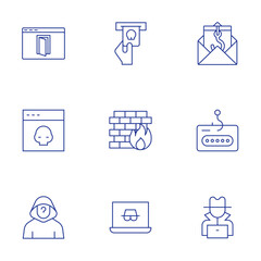 Hacker icons set. Thin Line style, editable stroke. backdoor, credit card, cyber attack, firewall, hacker, phishing, spy