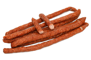 Prawdziwe polskie kabanosy wieprzowe, słone pmiesne przekąski, kuchnia polska