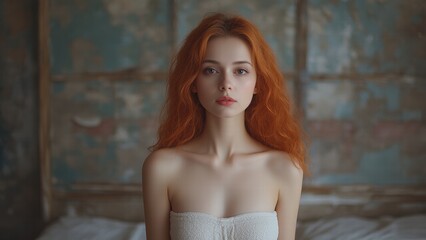 Fototapeta premium Young woman with fiery red hair in a natural setting creates a serene, intimate atmosphere with soft lighting and subtle textures