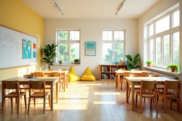 Fototapeta premium Bright and airy classroom with sunlight streaming through large windows, desks arranged for collaborative learning, and cheerful yellow beanbag chairs providing a cozy reading nook