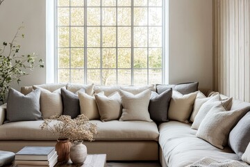 Fototapeta premium Modern Living Room Sofa with Cushions and Window View