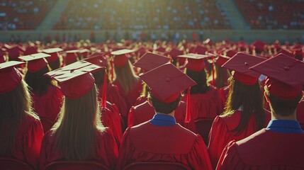 Graduates in red gowns seated at a stadium graduation ceremony