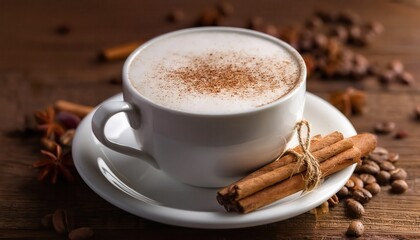 Creamy milk beverage with cinnamon served in a white ceramic cup on a rustic wooden table