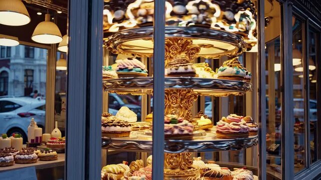 Delicious pastries displayed in a elegantly lit bakery window at twilight