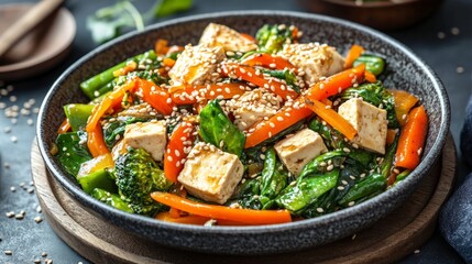 Colorful Stir-Fried Tofu and Vegetables with Toasted Sesame Seeds