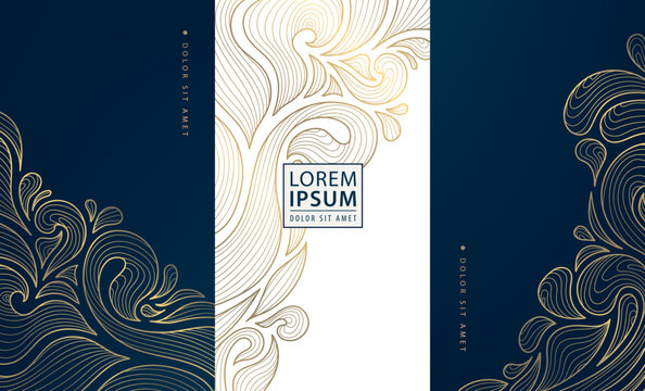 Vector leaf gold flower design, luxury box nature texture, art deco vintage premium ornament, floral label ornament. Product fancy package, royal spa, wine, chocolate, perfume design illustration