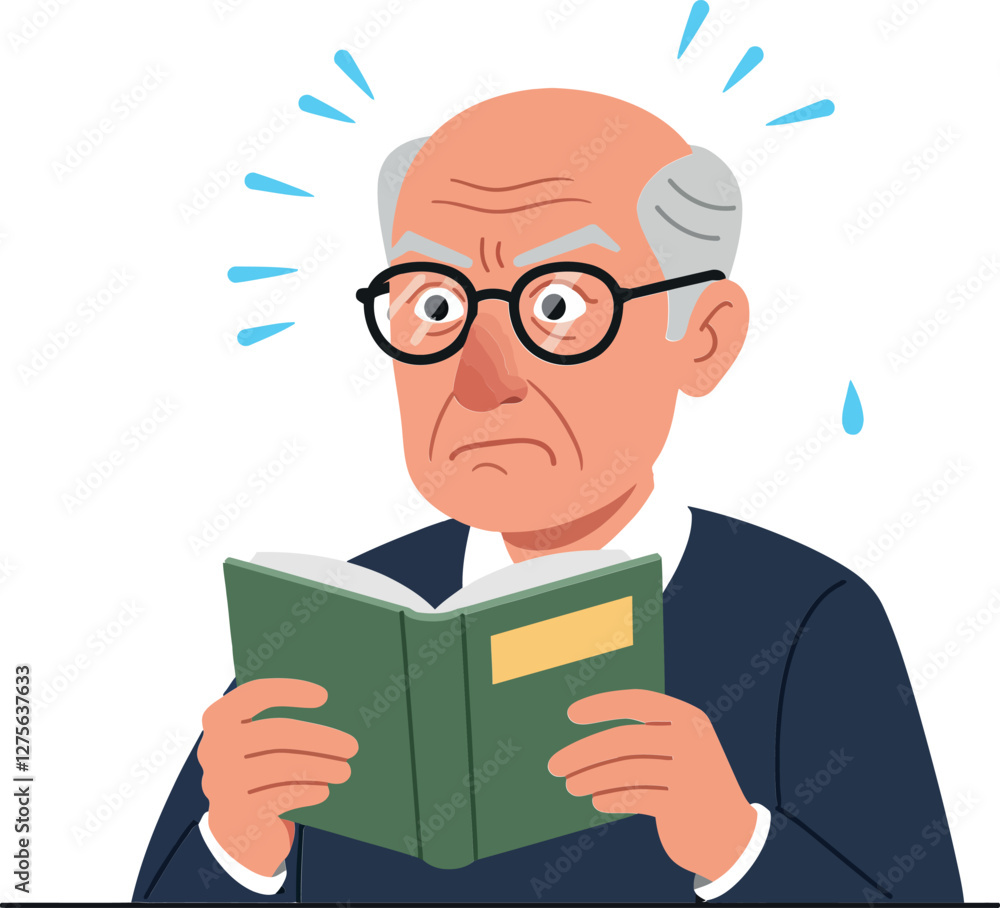 Poster an elderly man with glasses displaying concern while reading a green book in a flat vector illustrat