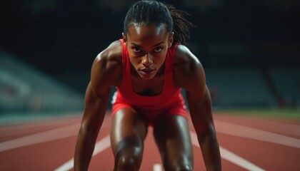 Black female runner in red athletic wear poised at starting line of indoor race. Soft light, long shadows, determined expression. Strong, focused, dynamic, powerful, vibrant, competitive athlete.