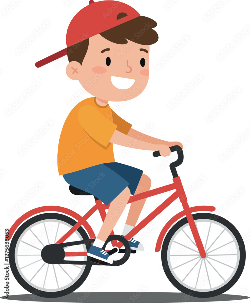 Poster a cheerful boy riding a bright red bicycle in a playful, flat design style showcasing joy and advent