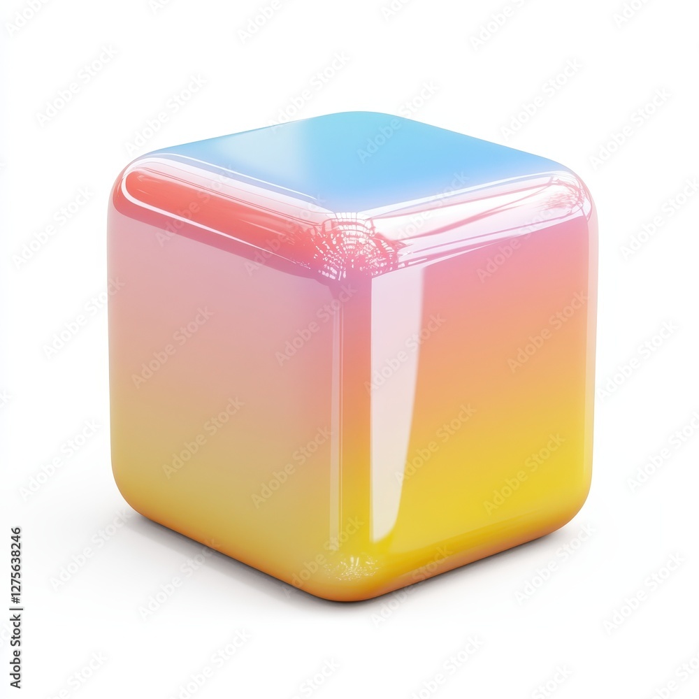 Poster a striking multicolored cube set against a crisp white background, presenting abstract artistic desi