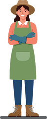 Smiling woman in a green apron and hat standing proudly with crossed arms in a flat design vector illustration