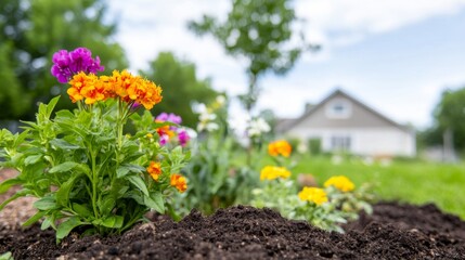 Vibrant Flower Garden in Front Yard with House in Background