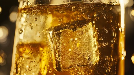Golden Liquid with Ice Cubes - A Sparkling Drink Close-up