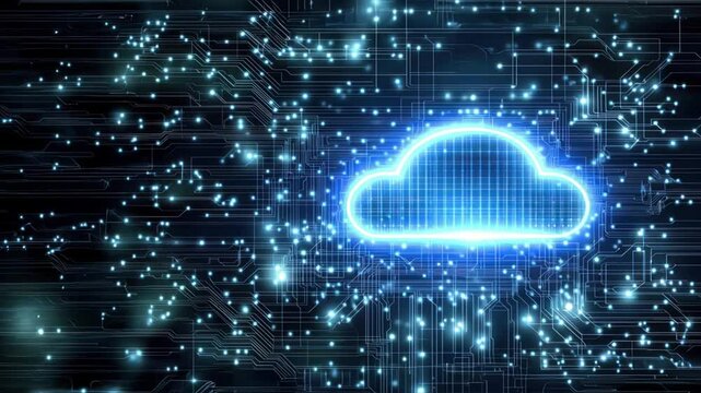 Bright blue cloud icon floating over a detailed circuit board, Emphasizes data backup, cloud storage, and advanced disaster recovery solutions
