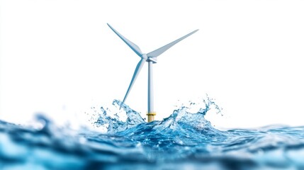 Wind Turbine Generating Energy Above Ocean Waves in Clear Sky