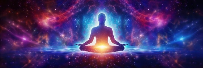 Meditating figure in lotus position in front of colorful nebula clouds. Mindfullness background