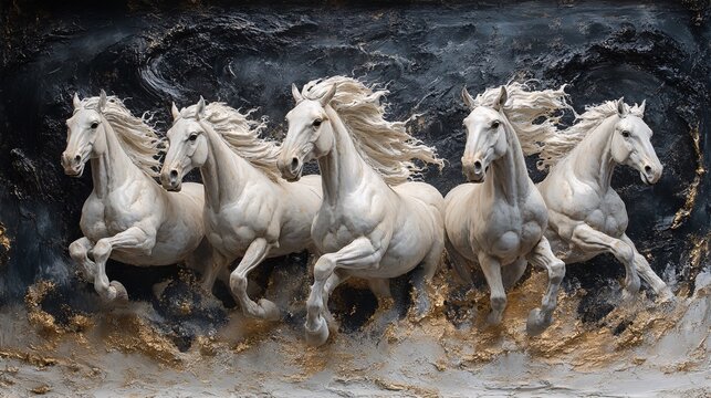 Four White Horses Running Dynamically Against Dark Background