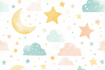 Fototapeta premium パターン, 子供向け, 子供, 水彩, 星, 空, 雲, ベクター, イラスト, 夜, 月, manga, 乗り切る, デザイン, 模様, 自然, 虹, 文科系, サマータイム, 空間, デコレーション, 壁紙, 青, 太陽, 雨, フレーム, 紙, アイコン
