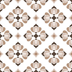 Brown flower damask seamless pattern with decorative elements. Design for wallpaper, pattern fills, background, carpets, sarees, curtains, tiles, and pottery.