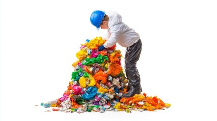 Obraz premium Child in Safety Gear Examining a Hill of Colorful Plastic Waste