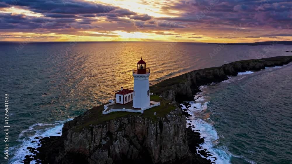 Poster dramatic sunset over coastal lighthouse by the ocean with rugged cliffs in the background