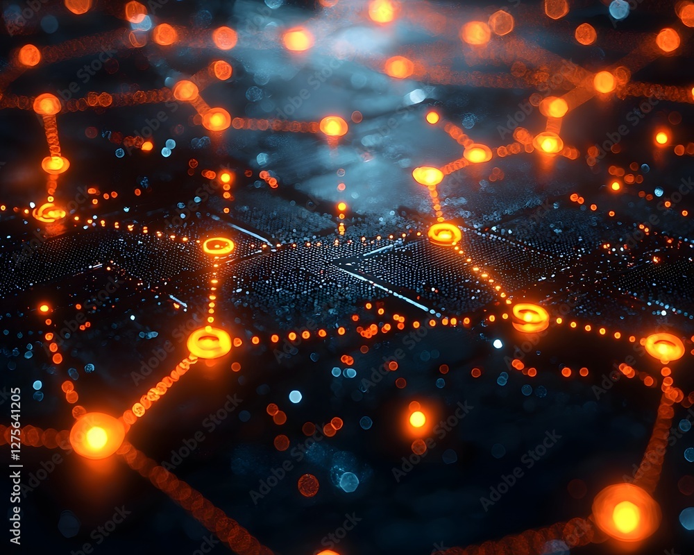 Poster glowing flowchart with interconnected nodes representing strategic decision making