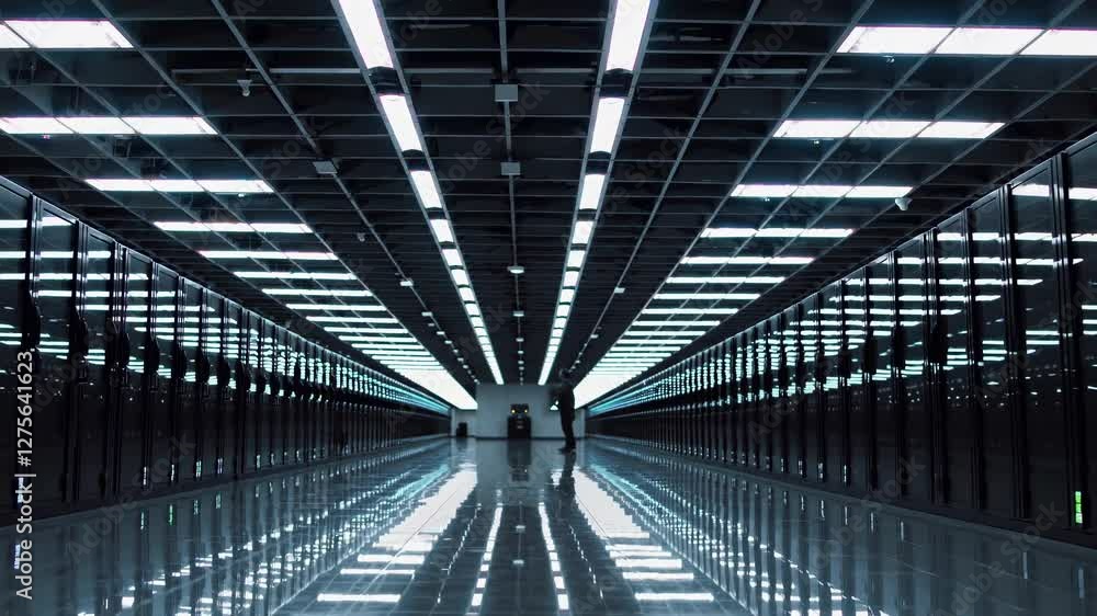 Poster exploration of a modern data center with sleek design and advanced technology in a clean environment