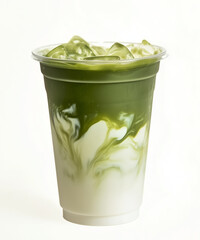 Ice matcha green tea on plastic glass white background.