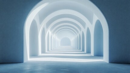 Obraz premium Abstract endless corridor with repeating arches and light, leading to a distant bright source