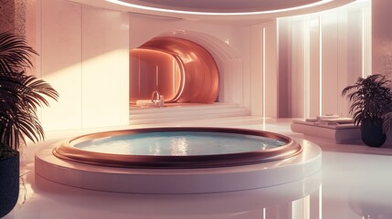 A luxury hotelâ€™s spa area featuring a sleek hot tub surrounded by minimal decor. digital