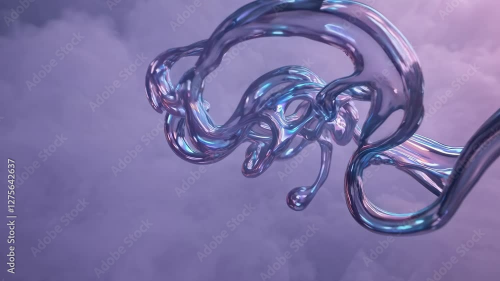 Poster abstract video with a low-angle view of flowing, iridescent liquid shapes against a cloudy sky, crea