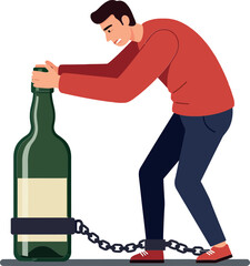 A man struggling to lift a large green bottle chained to his waist in a flat vector illustration depicting the burden of addiction and determination