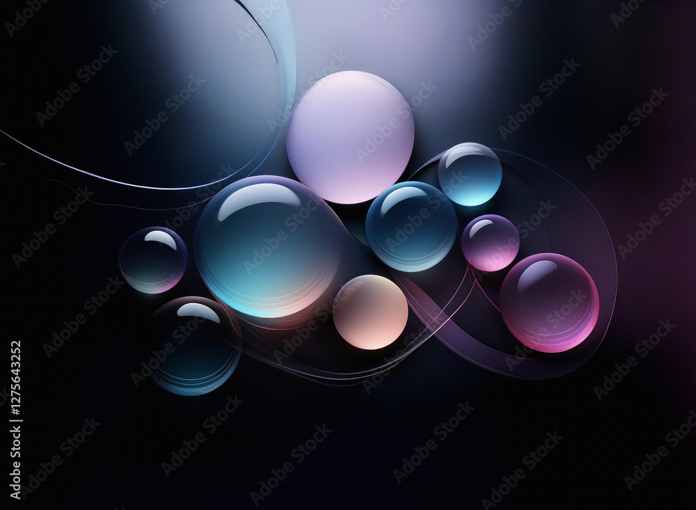 Poster glossy spheres in various colors, arranged on a dark background with flowing, curved lines create a 
