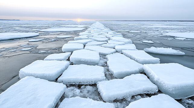 frozen tundra path leads across ice, reflecting warm light at sunset - Powered by Adobe