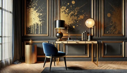 A chic workspace showcases a sleek desk adorned with decorative objects beside a striking lamp. Dark textured walls and golden accents enhance the elegant ambiance