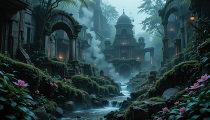 Fototapeta premium In a mystical forest, ancient ruins emerge from the fog, adorned with lush greenery. Water cascades through bubbling streams, while delicate flowers bloom, enhancing the enchanting atmosphere