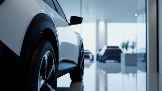 Car dealership featuring electric crossovers in a sleek showroom. Featuring sustainability and technology