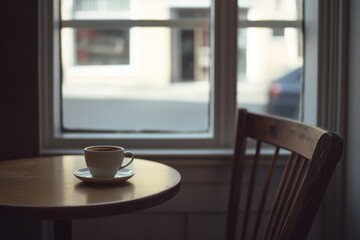 A cup of coffee rests on a table by a sunlit window, creating a serene and inviting atmosphere in a cozy caf&eacute;.