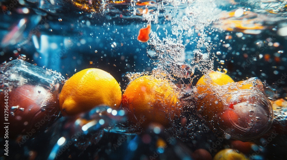Poster vibrant splash of citrus fruits submerged in water, creating dynamic bubbles and reflections