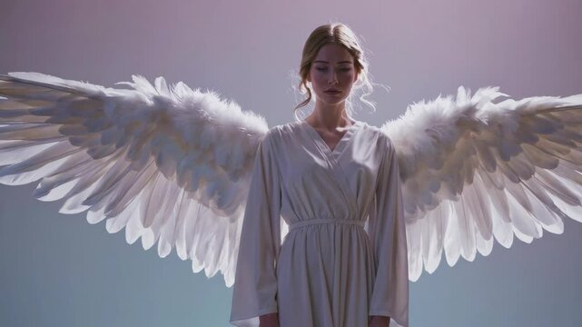 A serene, ethereal video scene of a woman with angel wings, captured from a front-facing angle, highlighting a soft, heavenly atmosphere.
